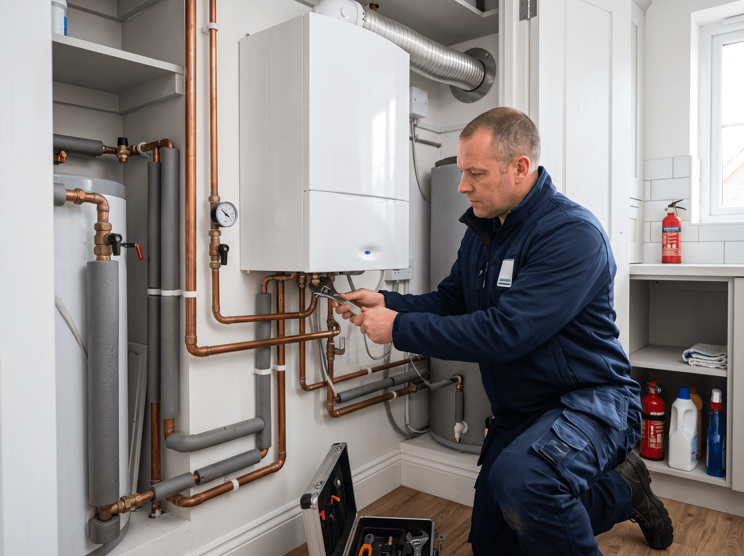 Gas Safe engineer working on a wall-mounted combi boiler