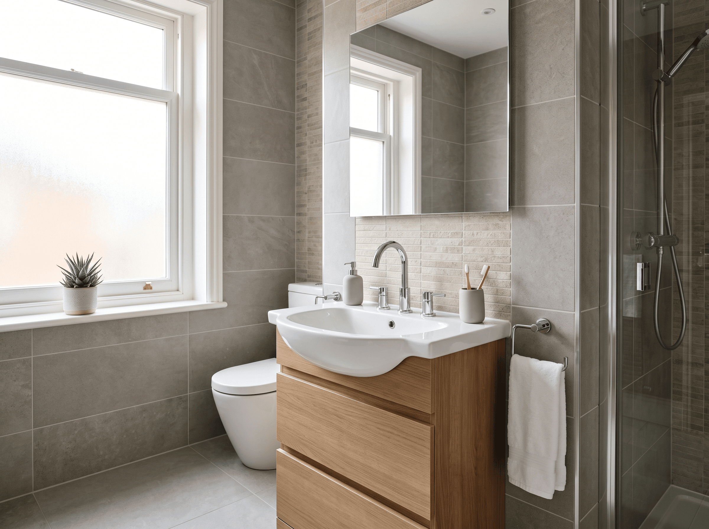 Modern fitted bathroom with new basin and taps