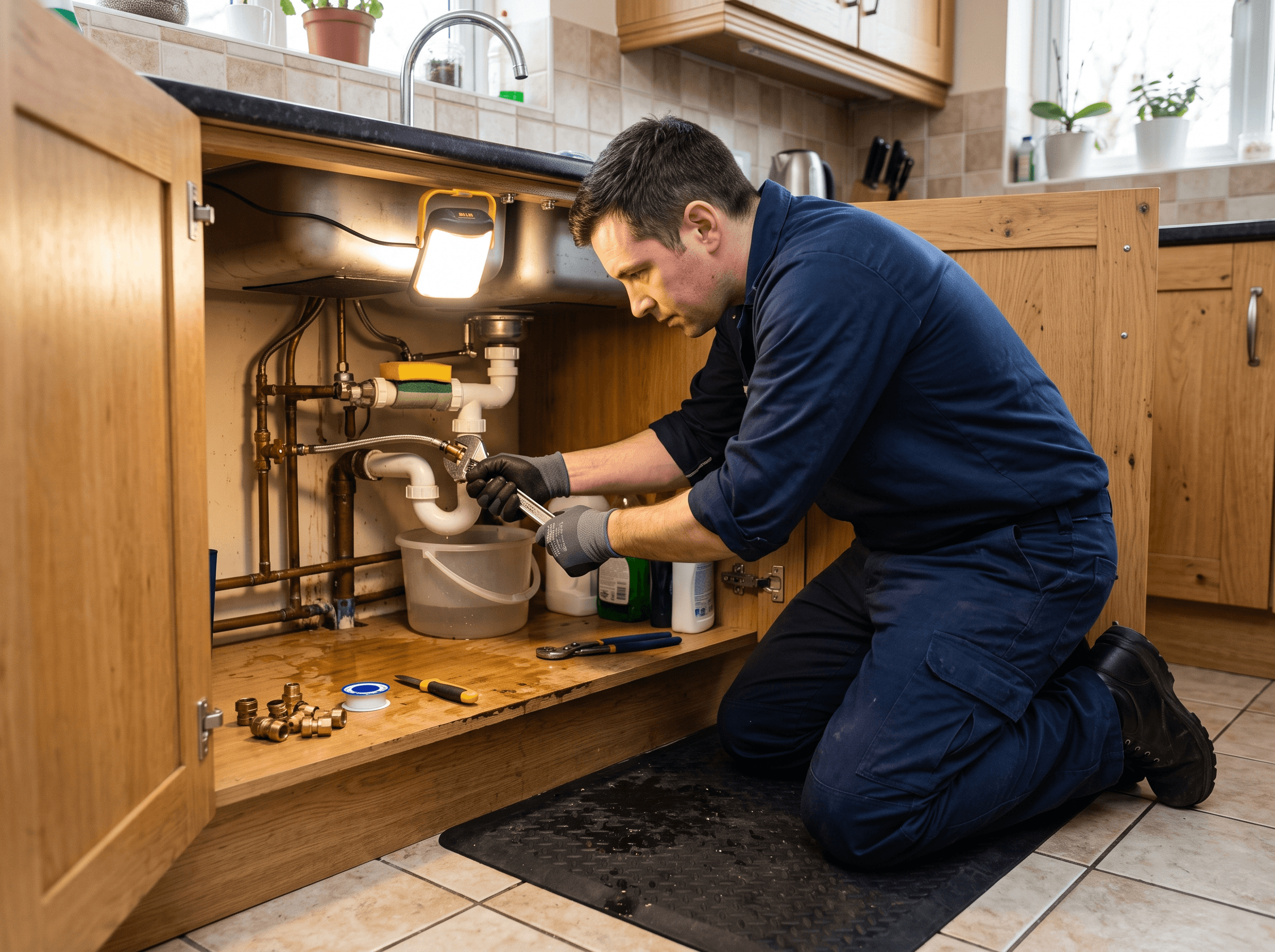 Engineer repairing a leak under a kitchen sink
